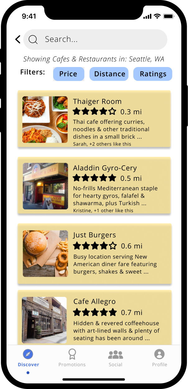 Around Town high-fidelity search results screen